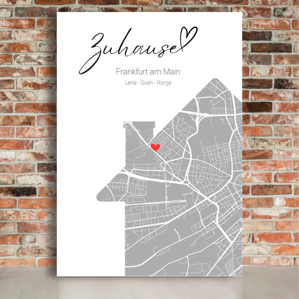 Zuhause mit Herz - Personalisierbare Leinwand mit Map