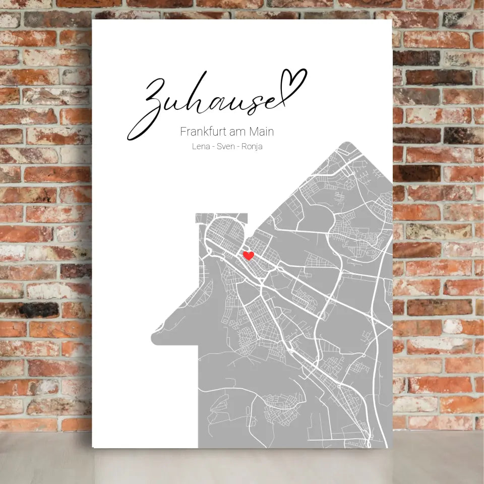 Zuhause mit Herz - Personalisierbare Leinwand mit Map